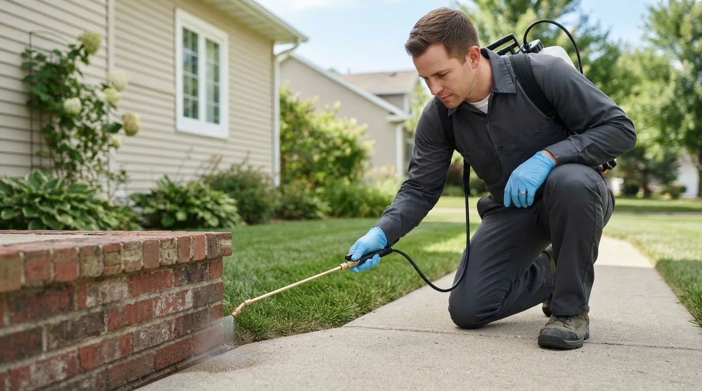 Pest control technician treating a home near Bagley, MN